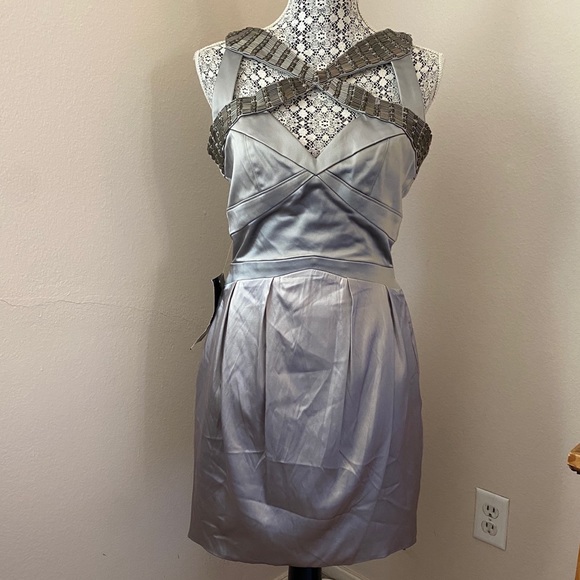 NWT Bebe Geo Cutout Silver Embellished Dress M - Picture 1 of 11